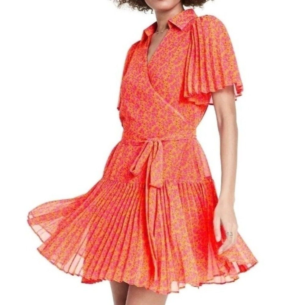 ALEXIS Orange Pink Floral Wrap Dress Pleated Flutter Sleeve Size M Fun Travel